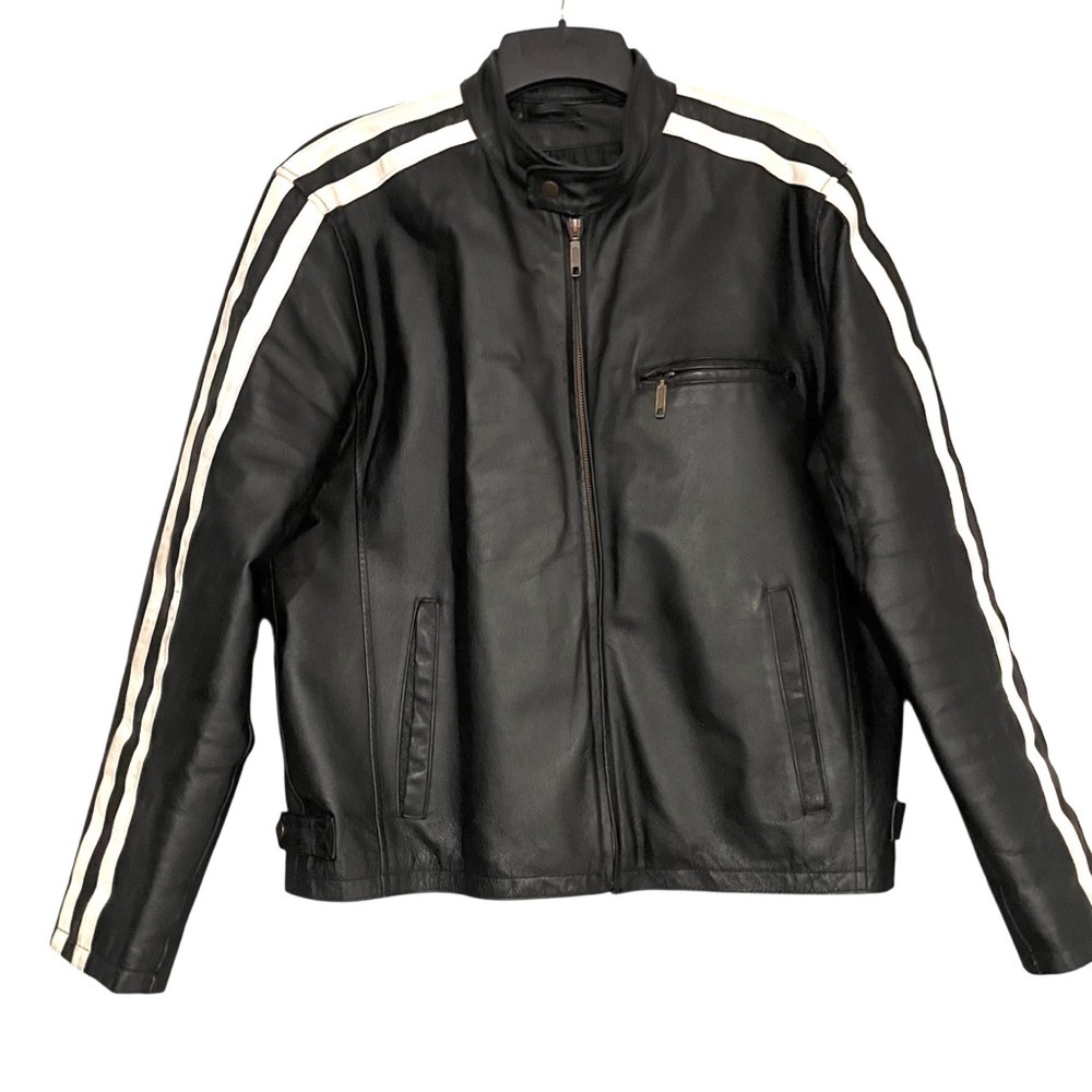 Y2K Max Rider Black Leather Moto Jacket – Racing Stripe – Size L - Picture 2 of 12